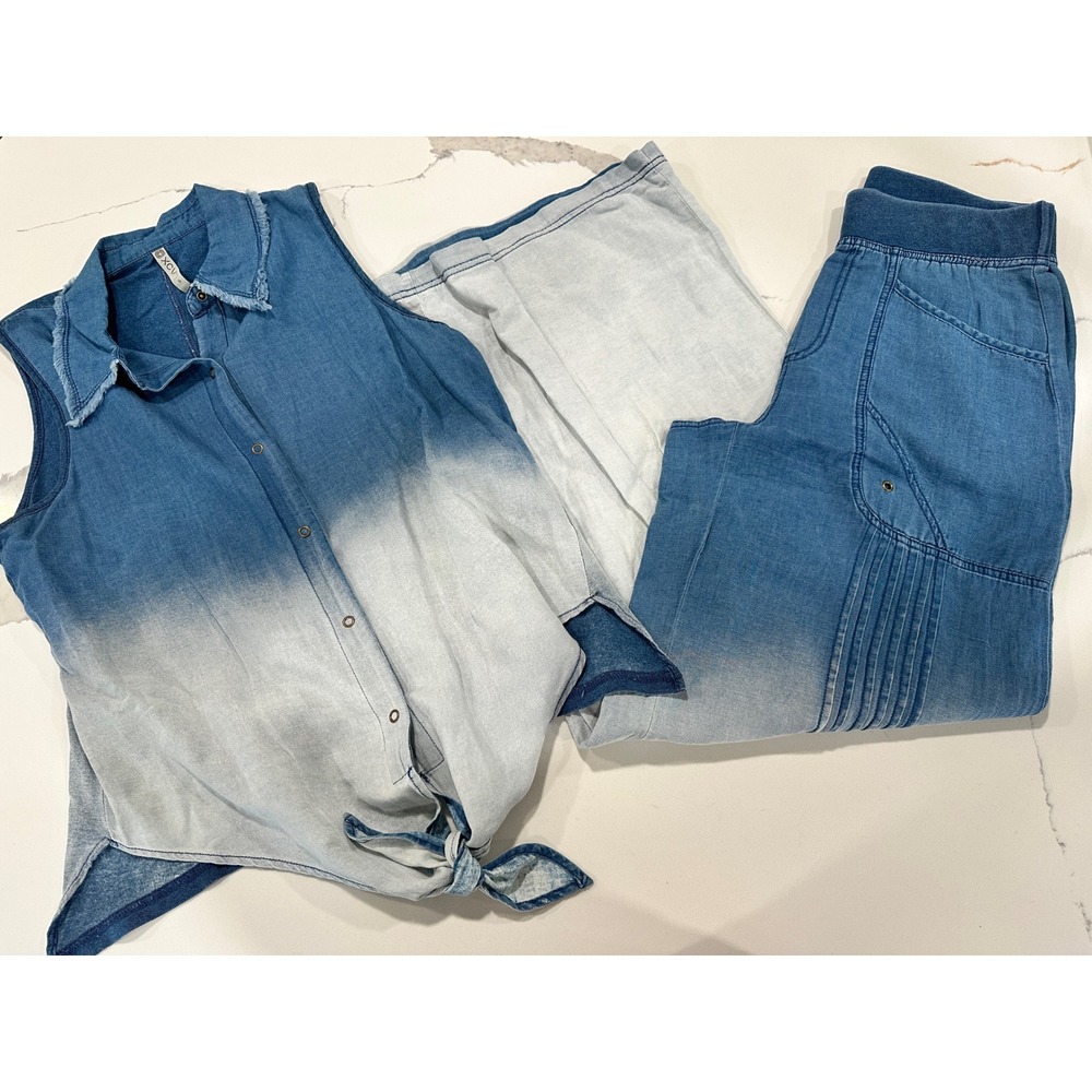 XCVI Women Blue Ombre Cotton Linen Sleeveless Tie Front Top Wide Leg Pants Set S